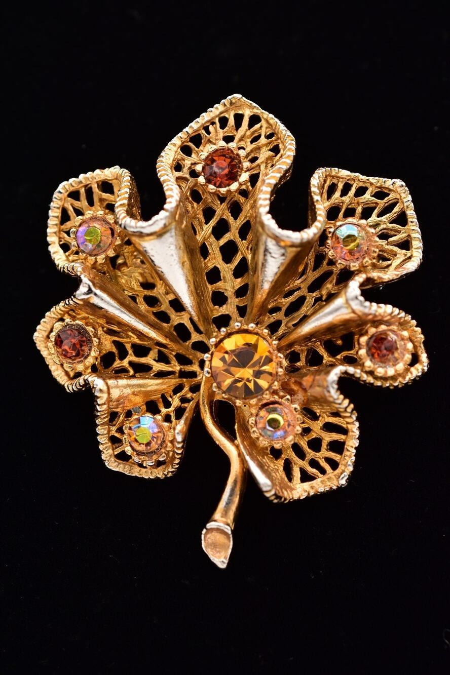 Vintage Crystal Flower Pin Brooch Orange Antiqued Gold Heavy Retro 1960s BinBP